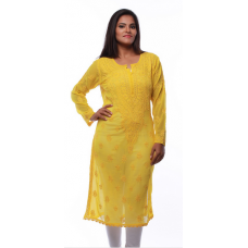 Ada Hand Embroidered Large Yellow Faux Georgette Lucknow Chikankari Long Kurti